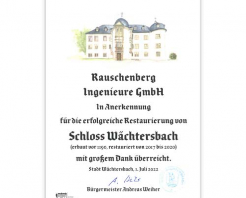 Urkunde Schloss Wächtersbach - rauschenberg ingenieure